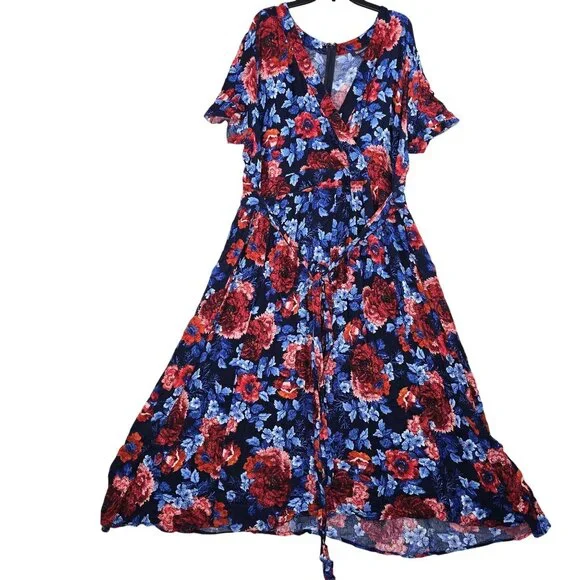 Roamans Womens Plus Size Wrap Dress Blue Red Floral 2X 26/28 Short Sleeve Rayon - Picture 1 of 8
